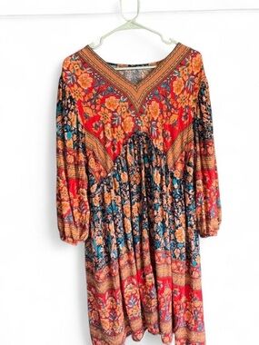 Boho Floral Long-Sleeve Midi Dress in Red and Teal